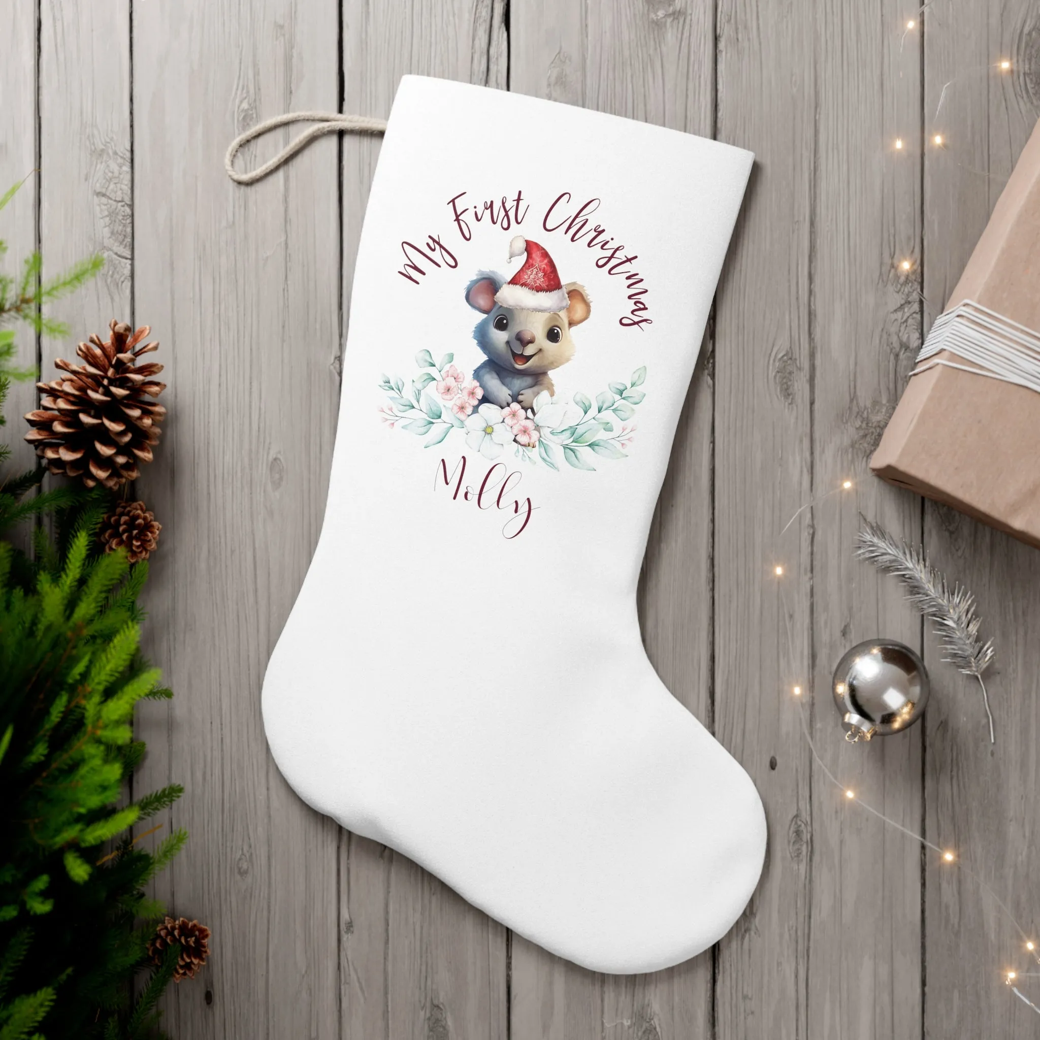 Personalised Santa Stocking, Australian Animals Eucalyptus, Quoka