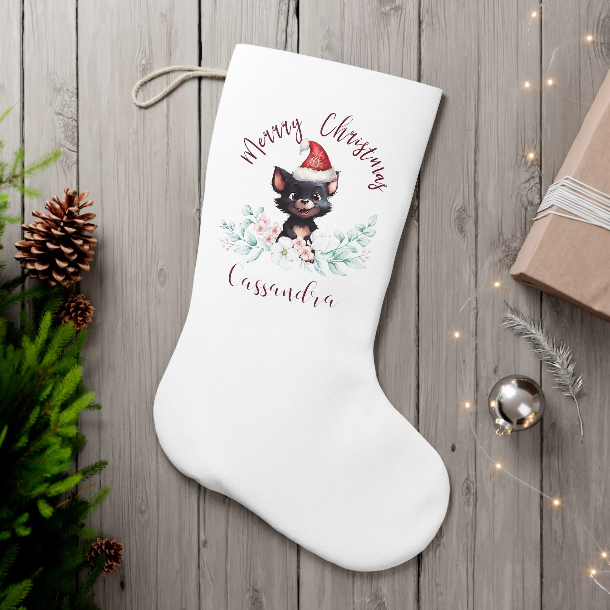 Personalised Santa Stocking, Australian Animals Eucalyptus, Tasmanian Devil