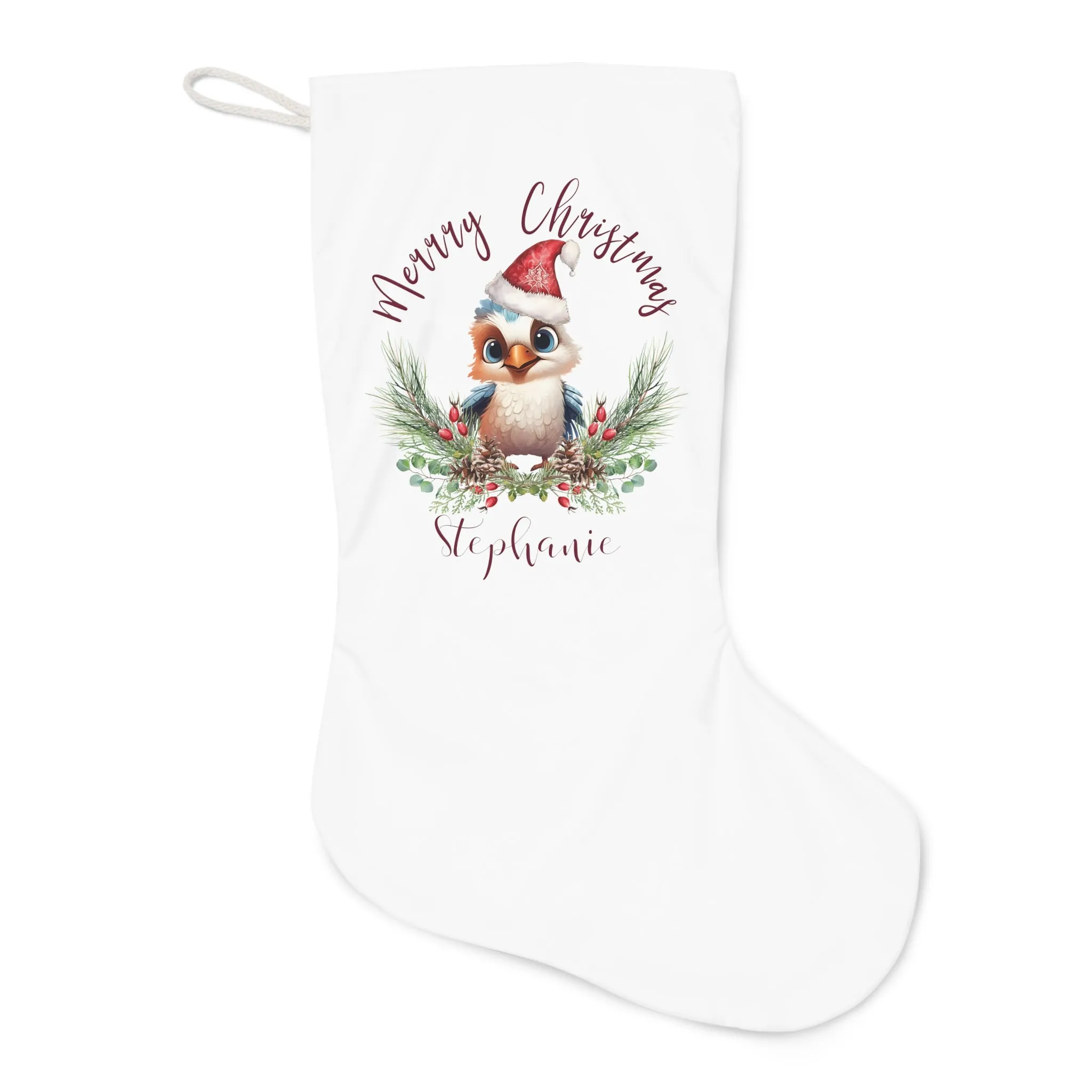 Personalised Santa Stocking, Australian Animals Poinsettia, Kookaburra