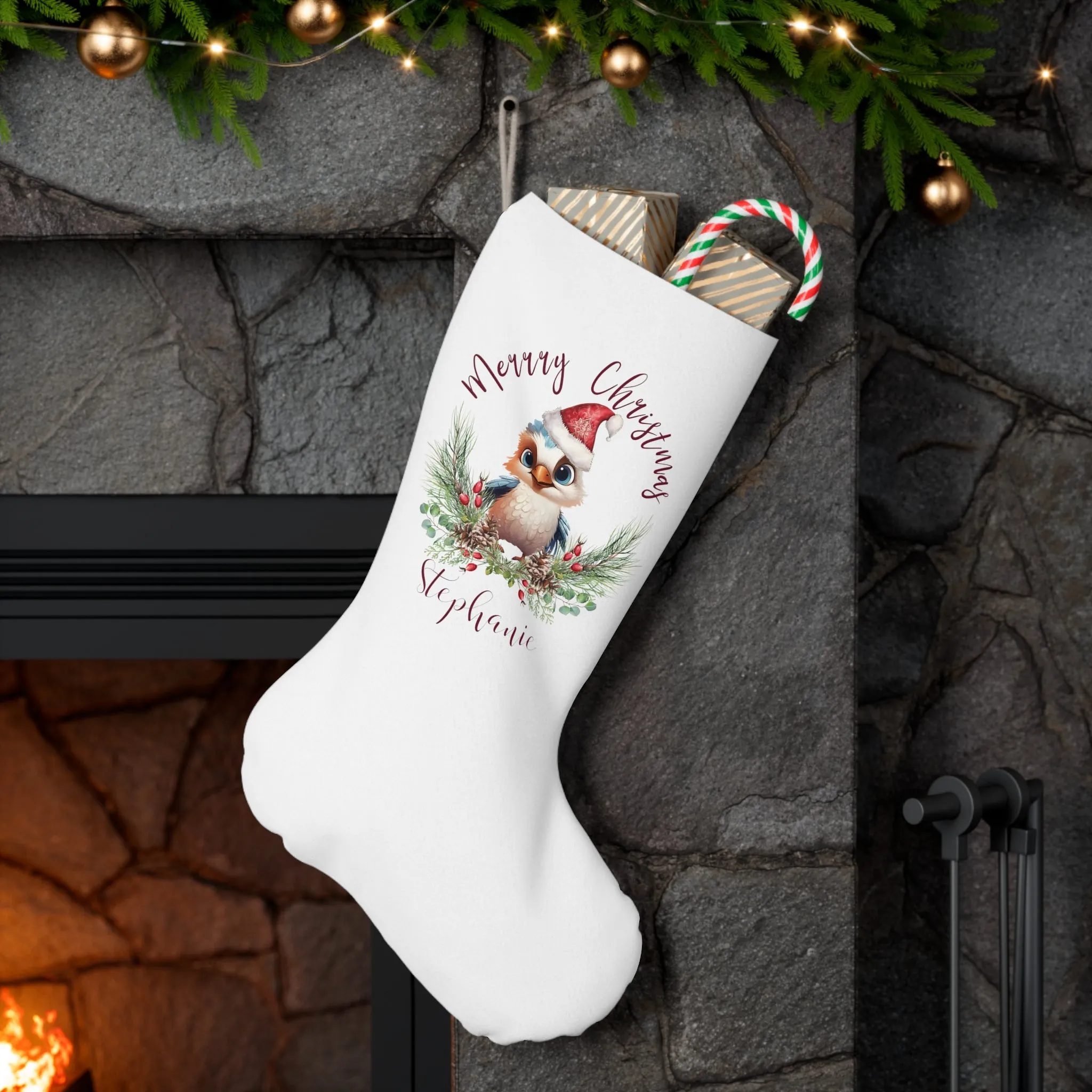 Personalised Santa Stocking, Australian Animals Poinsettia, Kookaburra