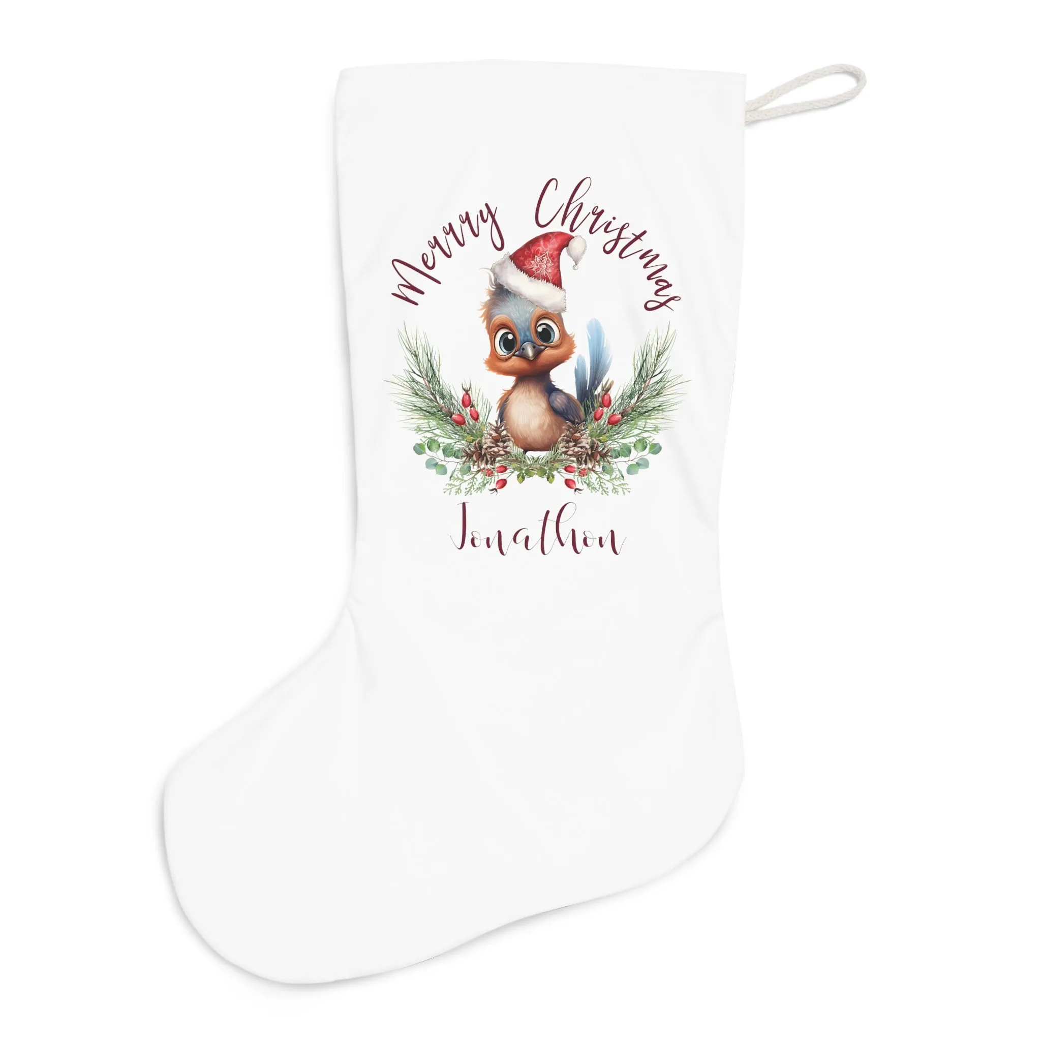 Personalised Santa Stocking, Australian Animals Poinsettia, Lyrebird