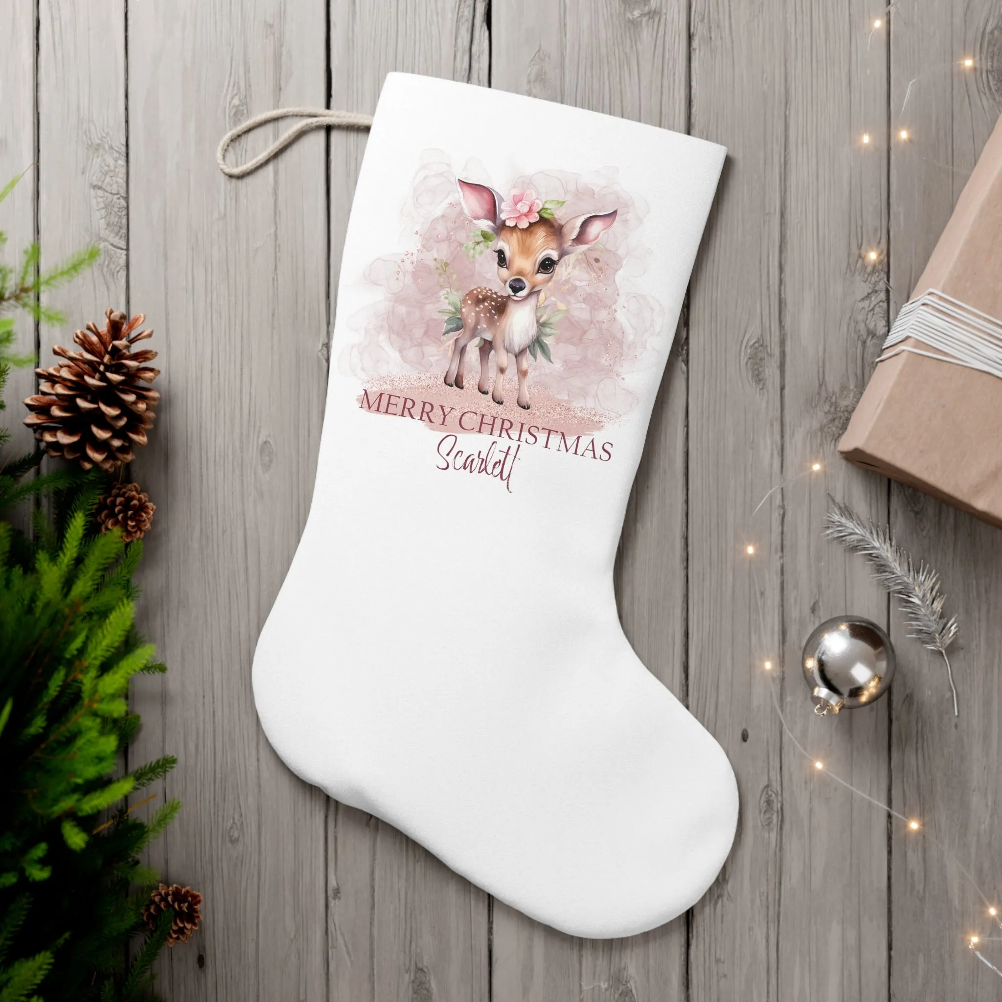 Personalised Santa Stocking, Pink Christmas Dear