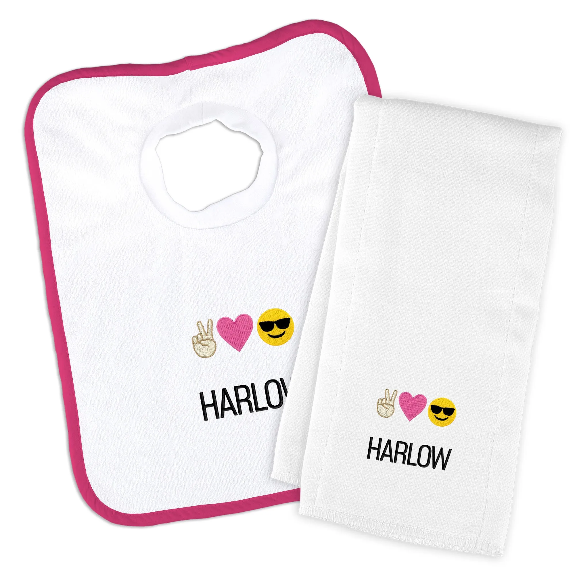 Personalized Peace Love Happiness Emoji Bib & Burp Cloth Set