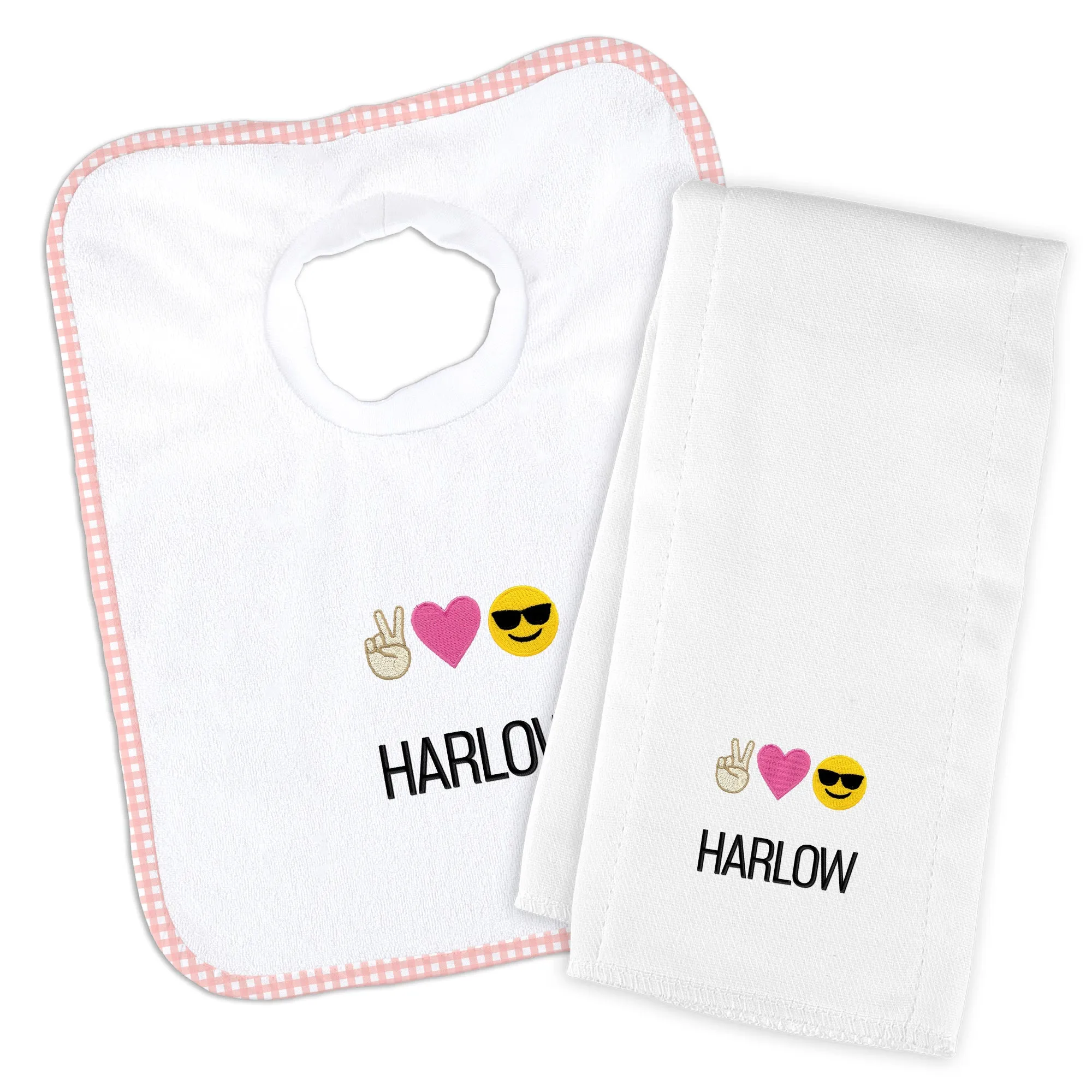 Personalized Peace Love Happiness Emoji Bib & Burp Cloth Set