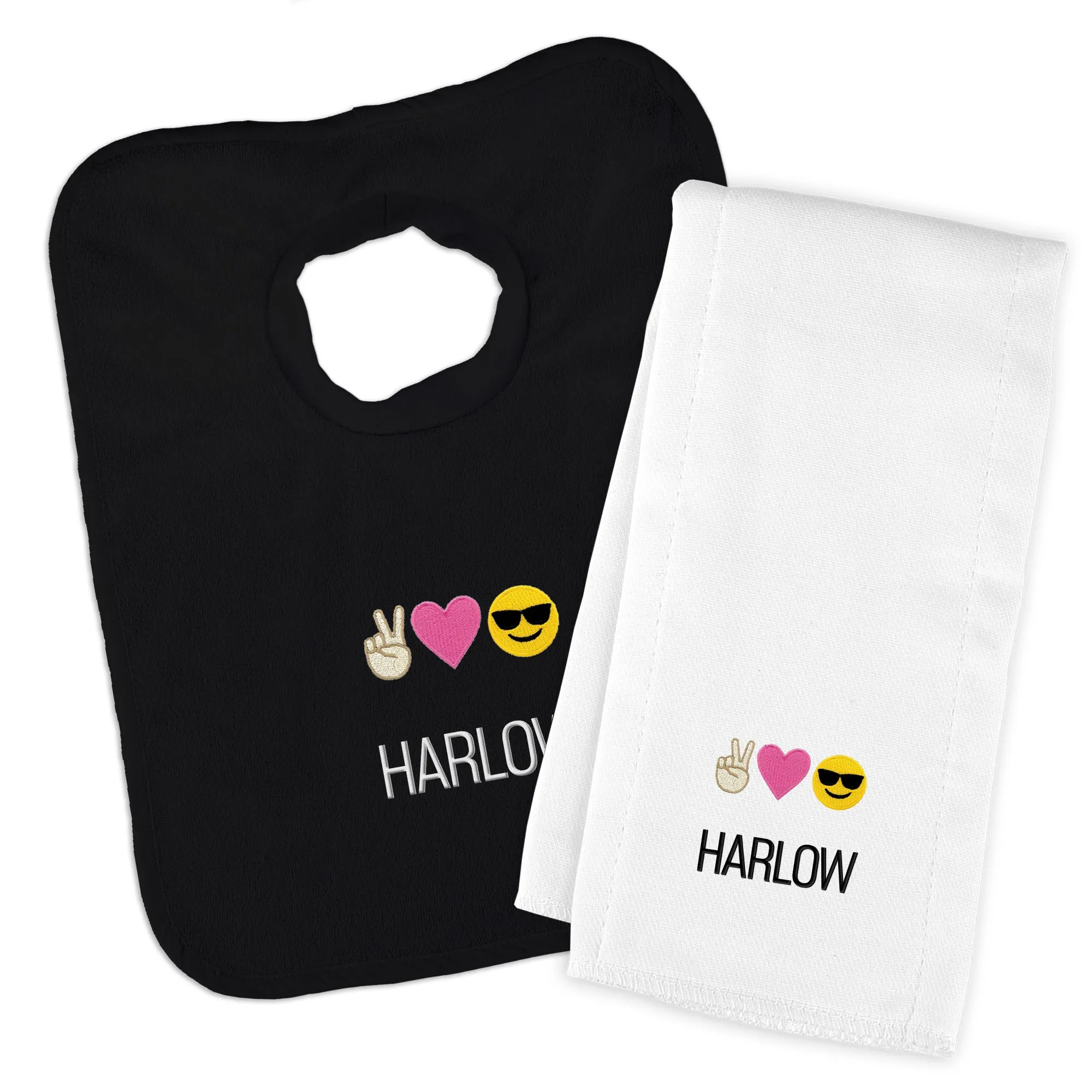 Personalized Peace Love Happiness Emoji Bib & Burp Cloth Set