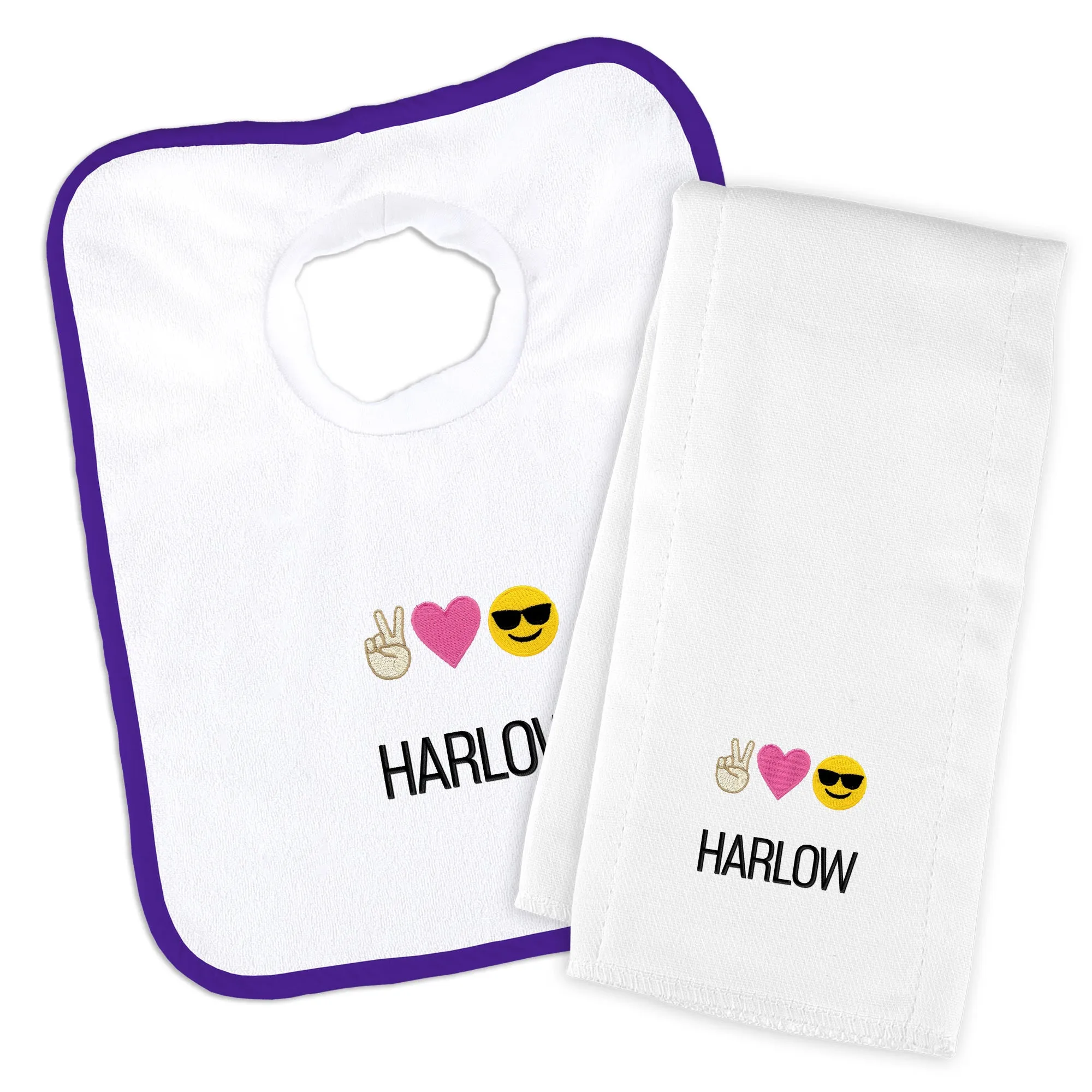 Personalized Peace Love Happiness Emoji Bib & Burp Cloth Set