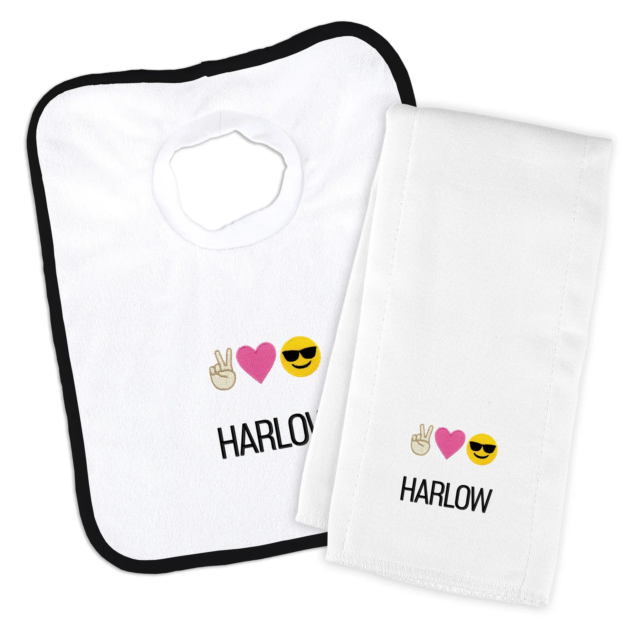 Personalized Peace Love Happiness Emoji Bib & Burp Cloth Set