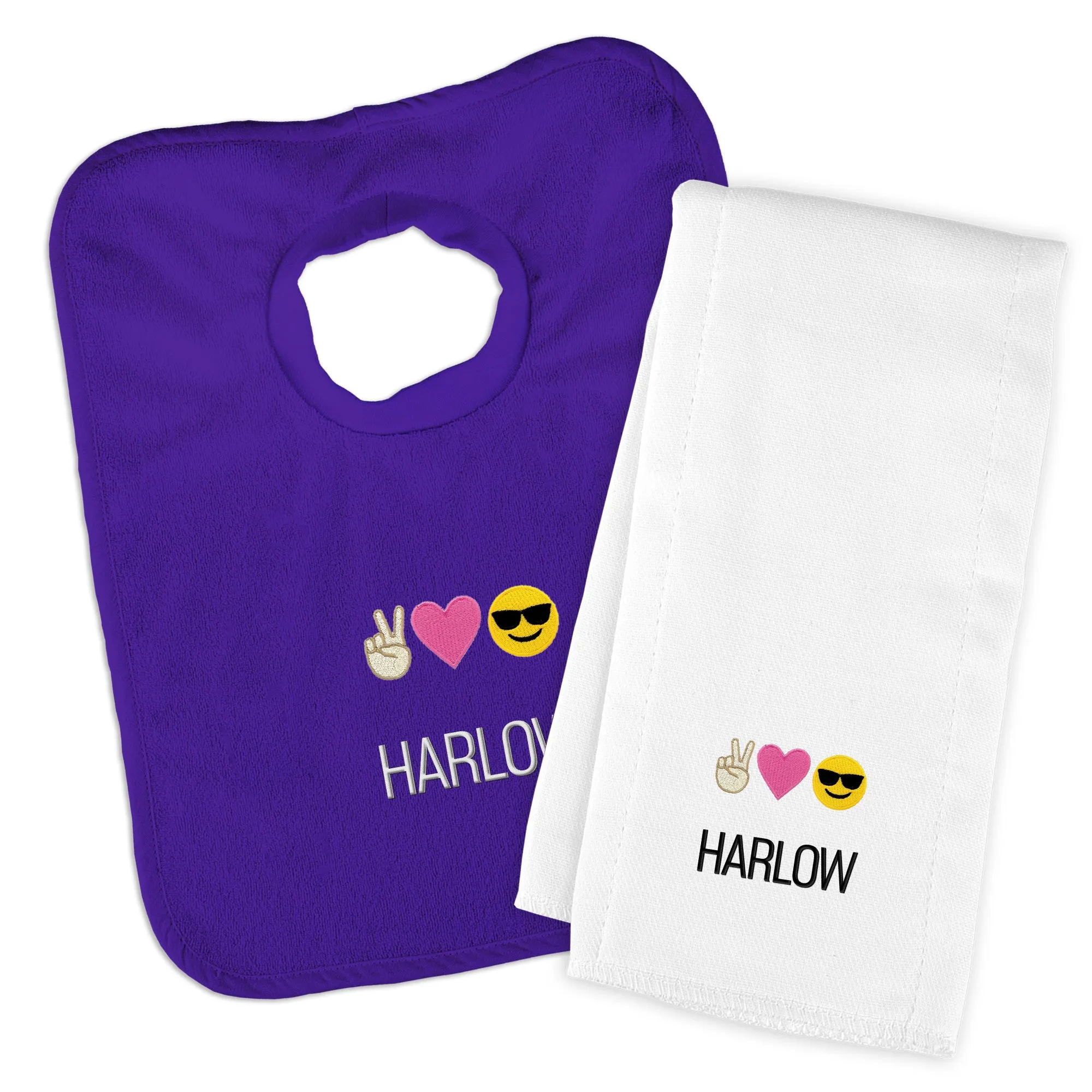 Personalized Peace Love Happiness Emoji Bib & Burp Cloth Set