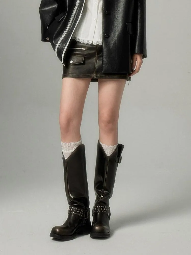 Punk Girl Retro Rivet Square Toe Thigh High Boots【s0000004852】