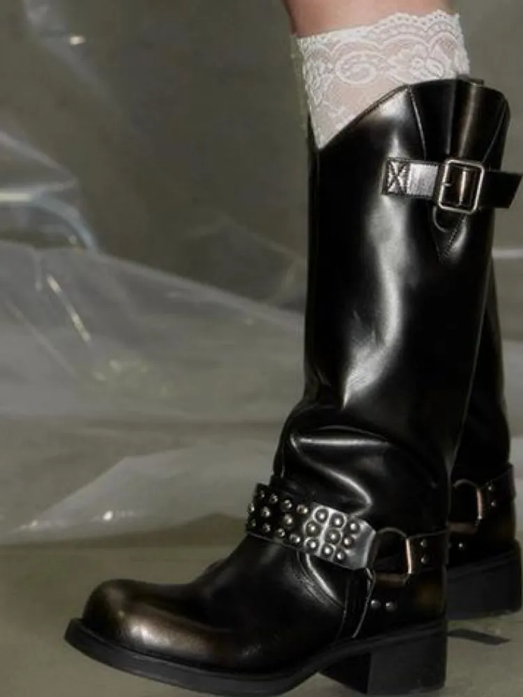 Punk Girl Retro Rivet Square Toe Thigh High Boots【s0000004852】