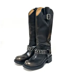 Punk Girl Retro Rivet Square Toe Thigh High Boots【s0000004852】