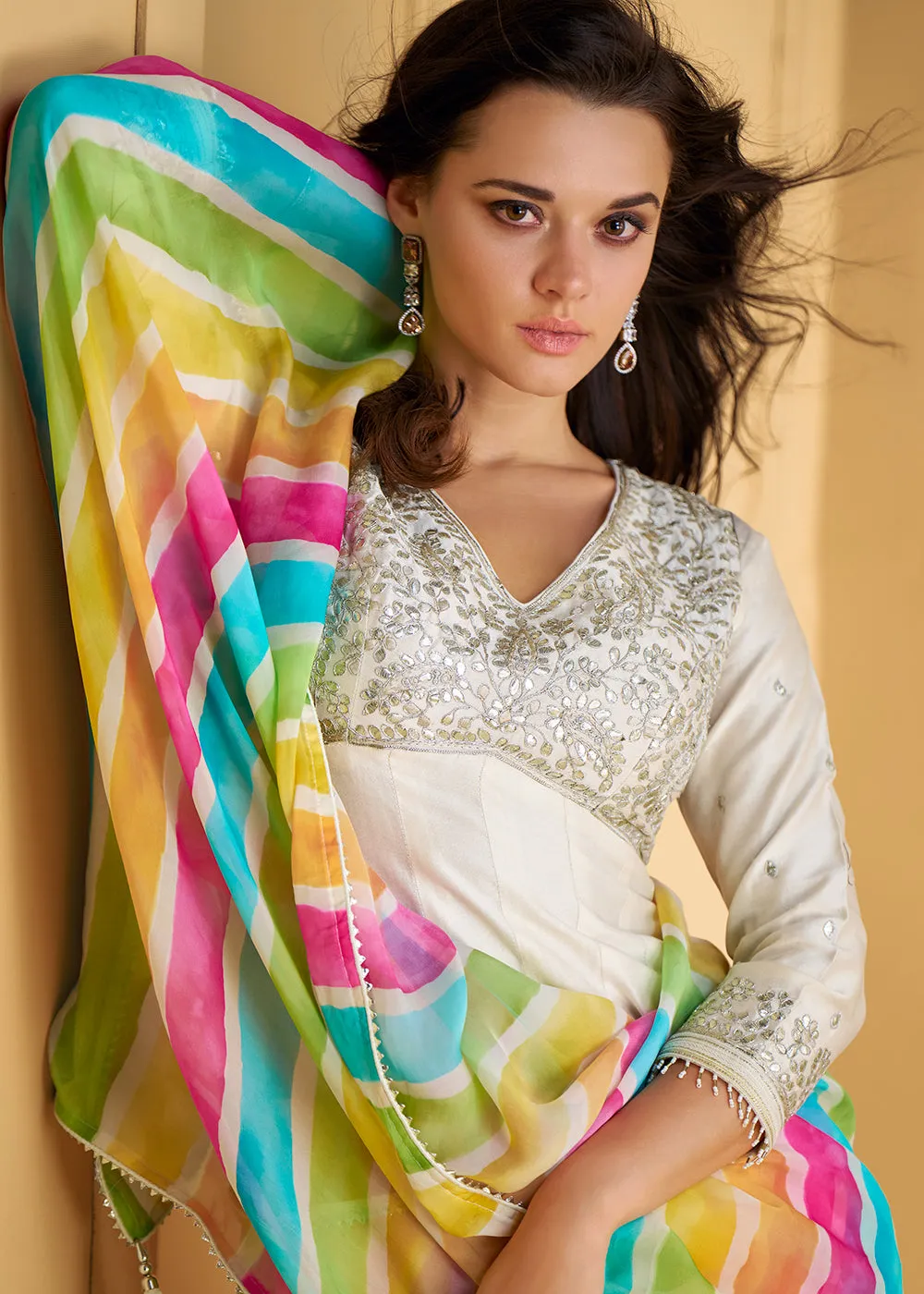 Pure Silk White Embroidered Anarkali Style Gharara Suit