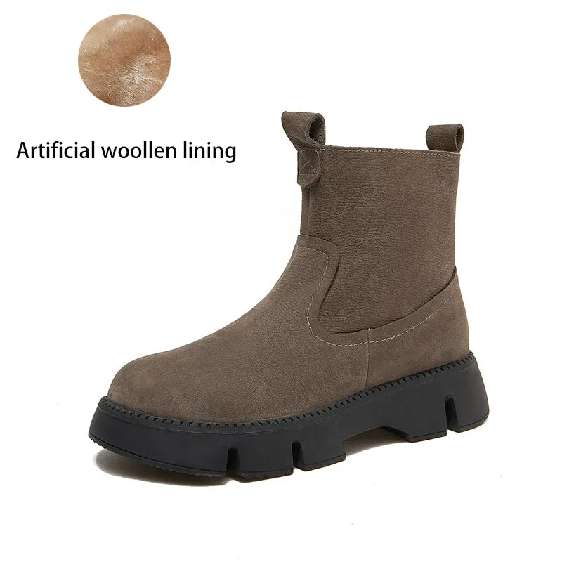 Retro Cowhide Chunky Martin Boots Women Comfy Zip Walking Boots Gray/Apricot