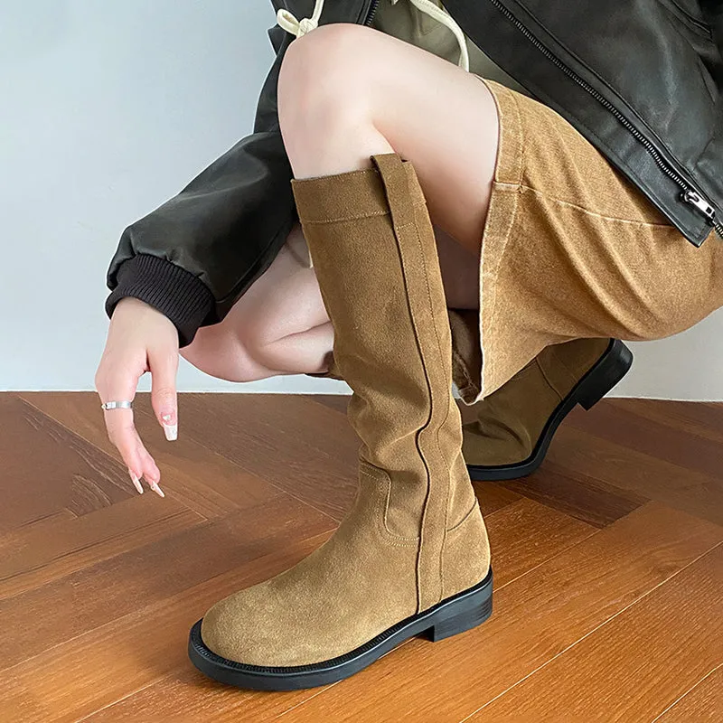 Retro Suede Cow Leather Western Boots - Women's Low Heel Knee-High Boots Khaki/Light Brown