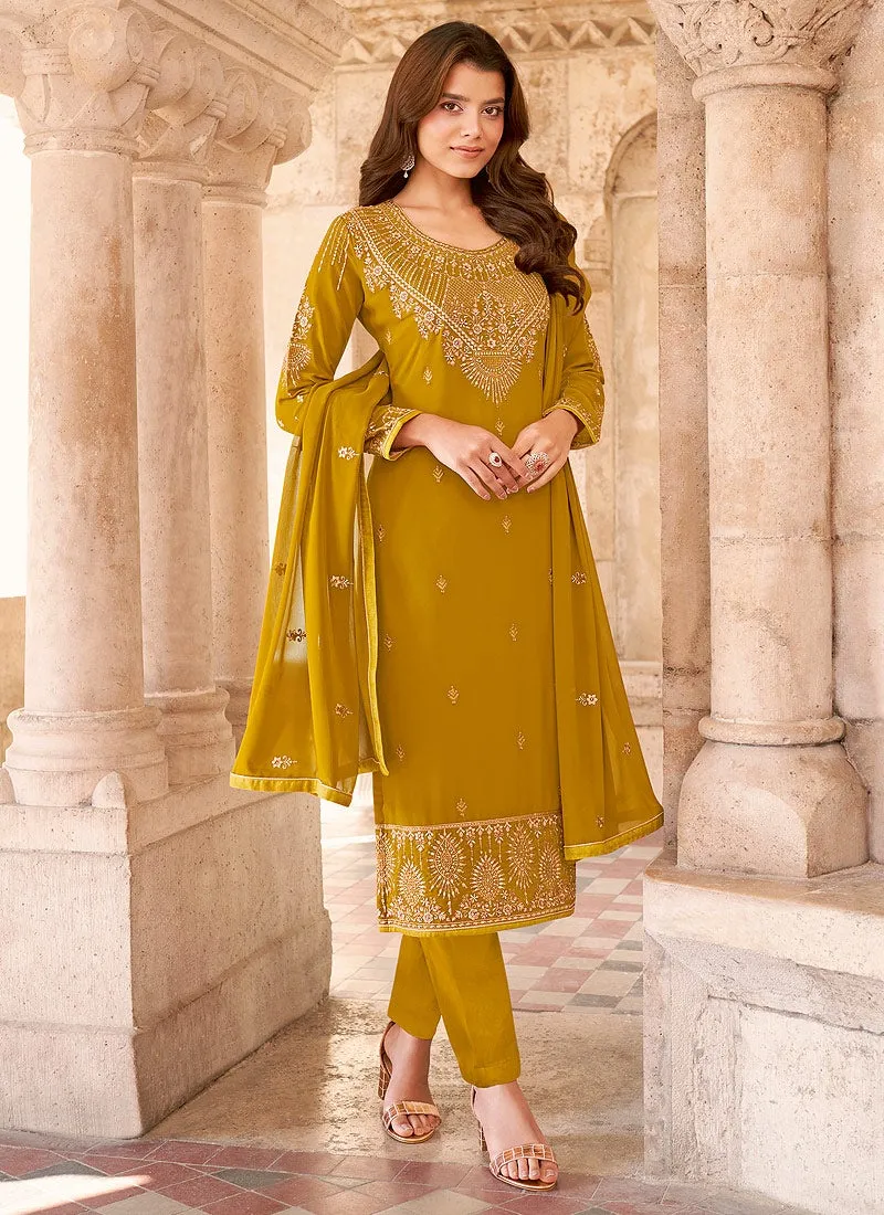 Salwar Kameez in Yellow with Resham & Thread Embroidery