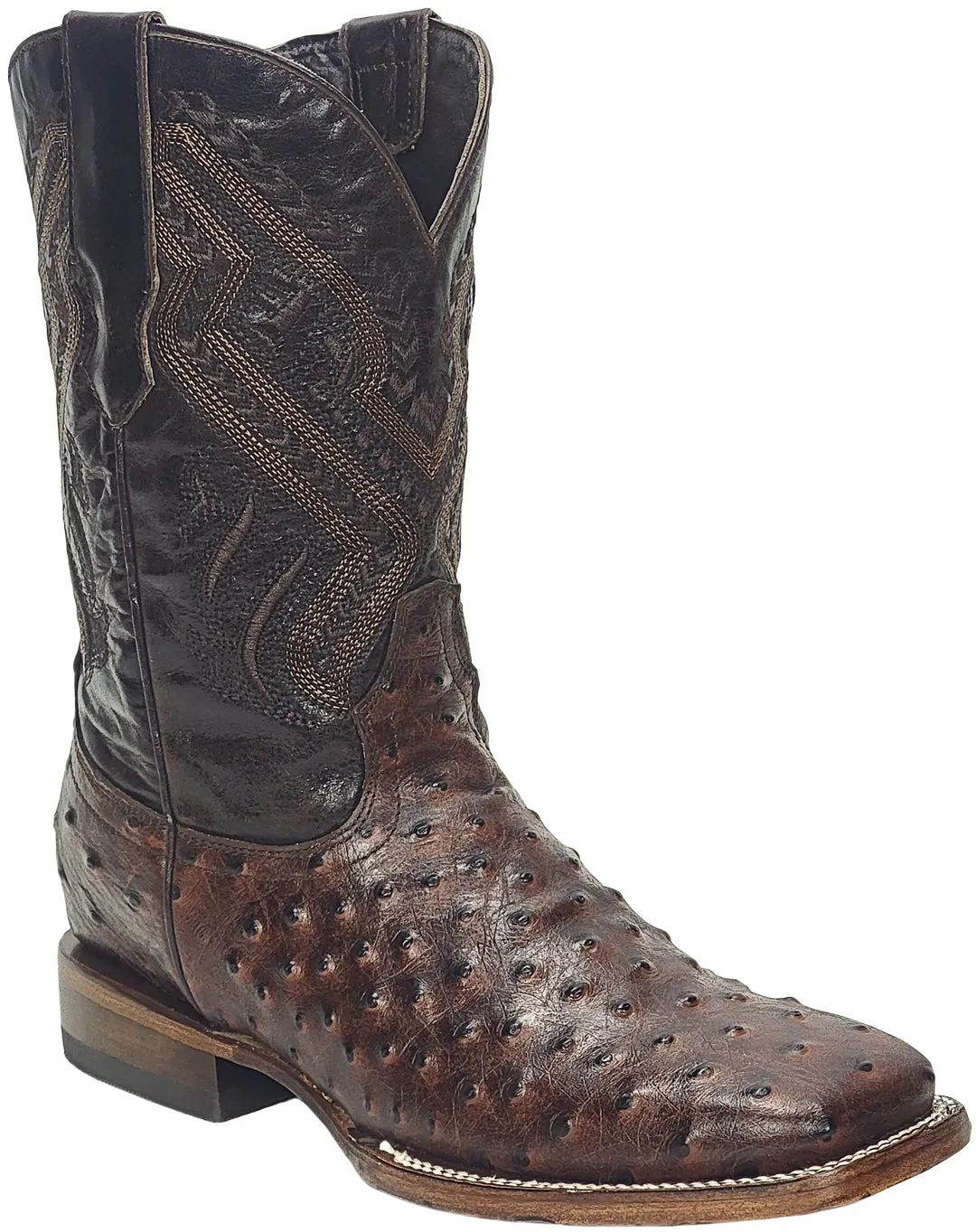 Silverton Ostrich Print Leather Wide Square Toe Boots (Brown)