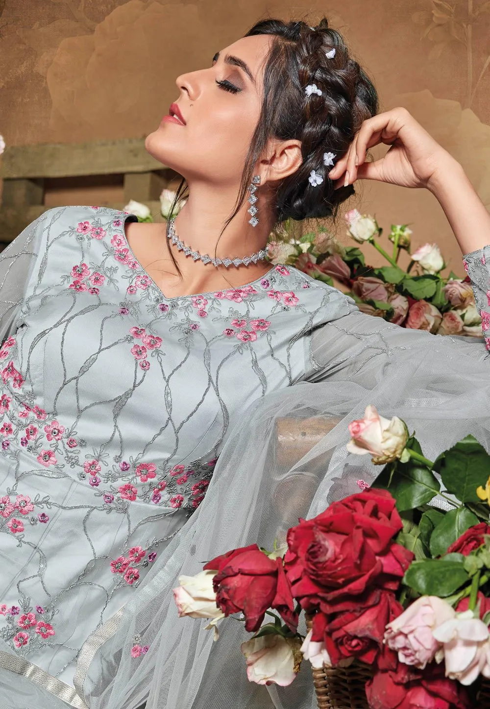 Splendid Grey Net Embroidered Floor Length Anarkali Suit