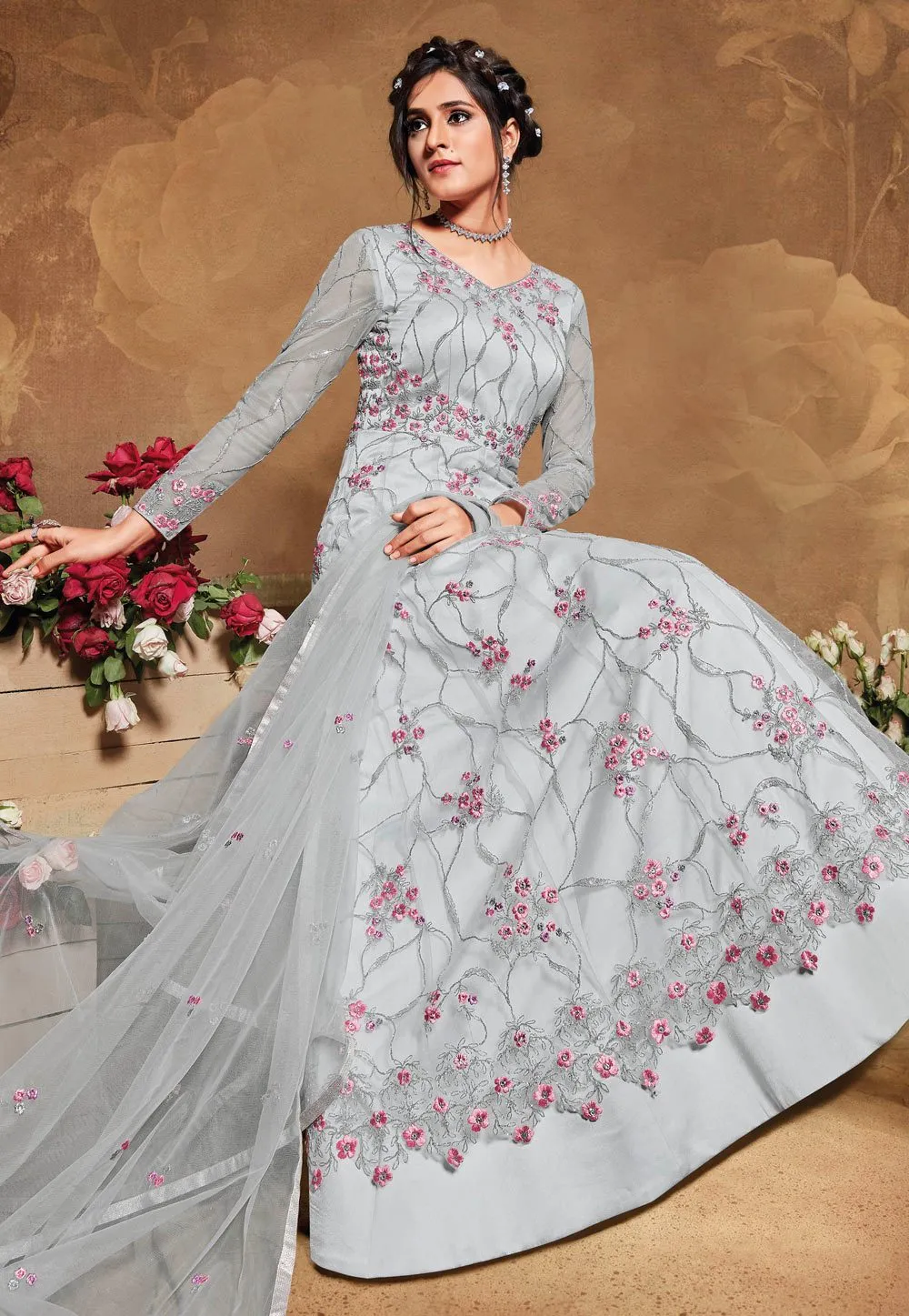 Splendid Grey Net Embroidered Floor Length Anarkali Suit