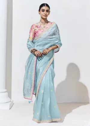 Stunning Sky Blue Organza Embroidered Party Wear Saree