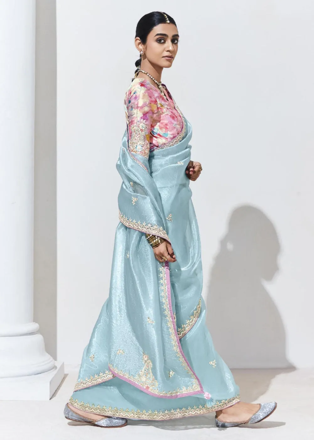 Stunning Sky Blue Organza Embroidered Party Wear Saree