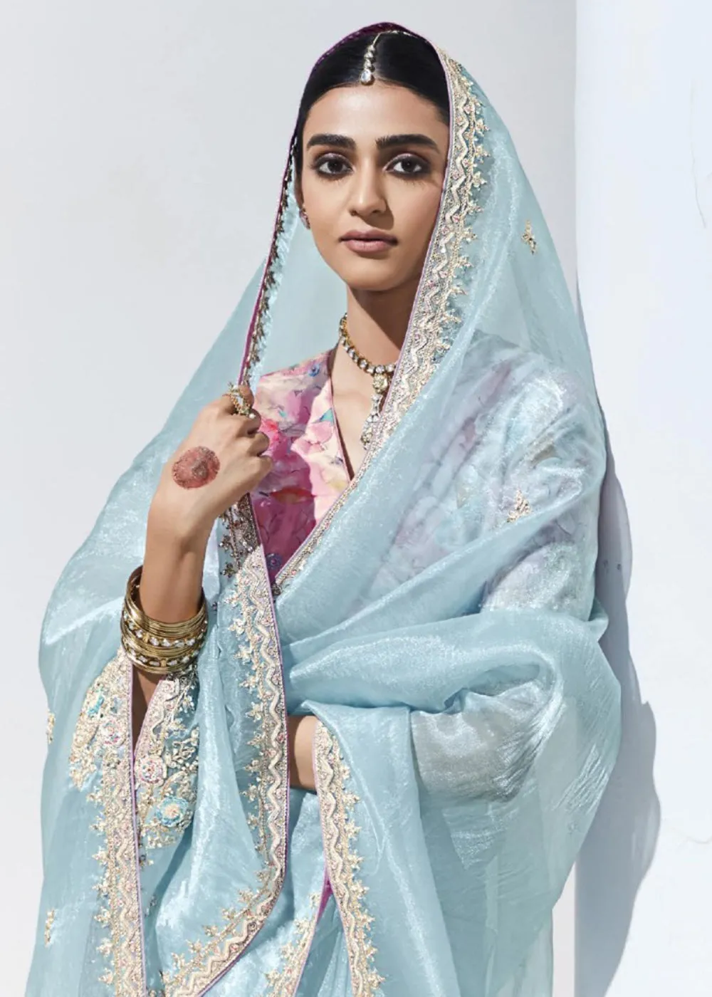 Stunning Sky Blue Organza Embroidered Party Wear Saree