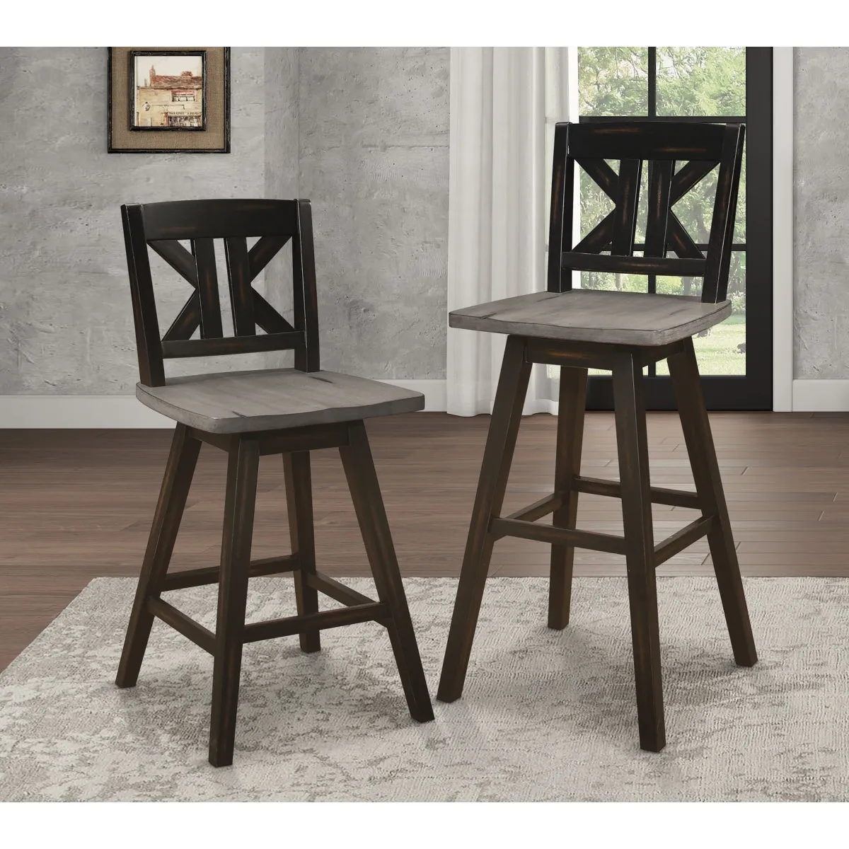 Swivel Counter Height Chair - Distressed Gray & Black, Solid Rubber Wood - Set of 2