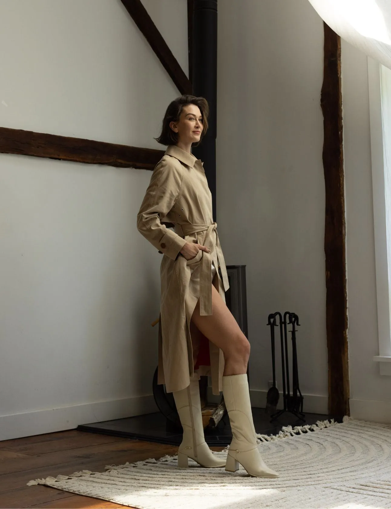 Tessa knee high boots in off white leather womens shoes