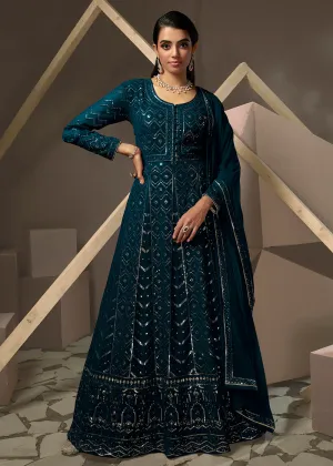 Turquoise Blue Lucknowi Style Embroidered Georgette Gown