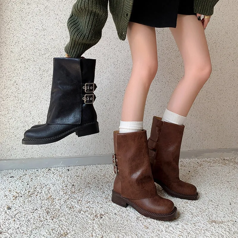 Vintage Western Boots Women's Mid Calf British Style Short Boots In Black/Brown