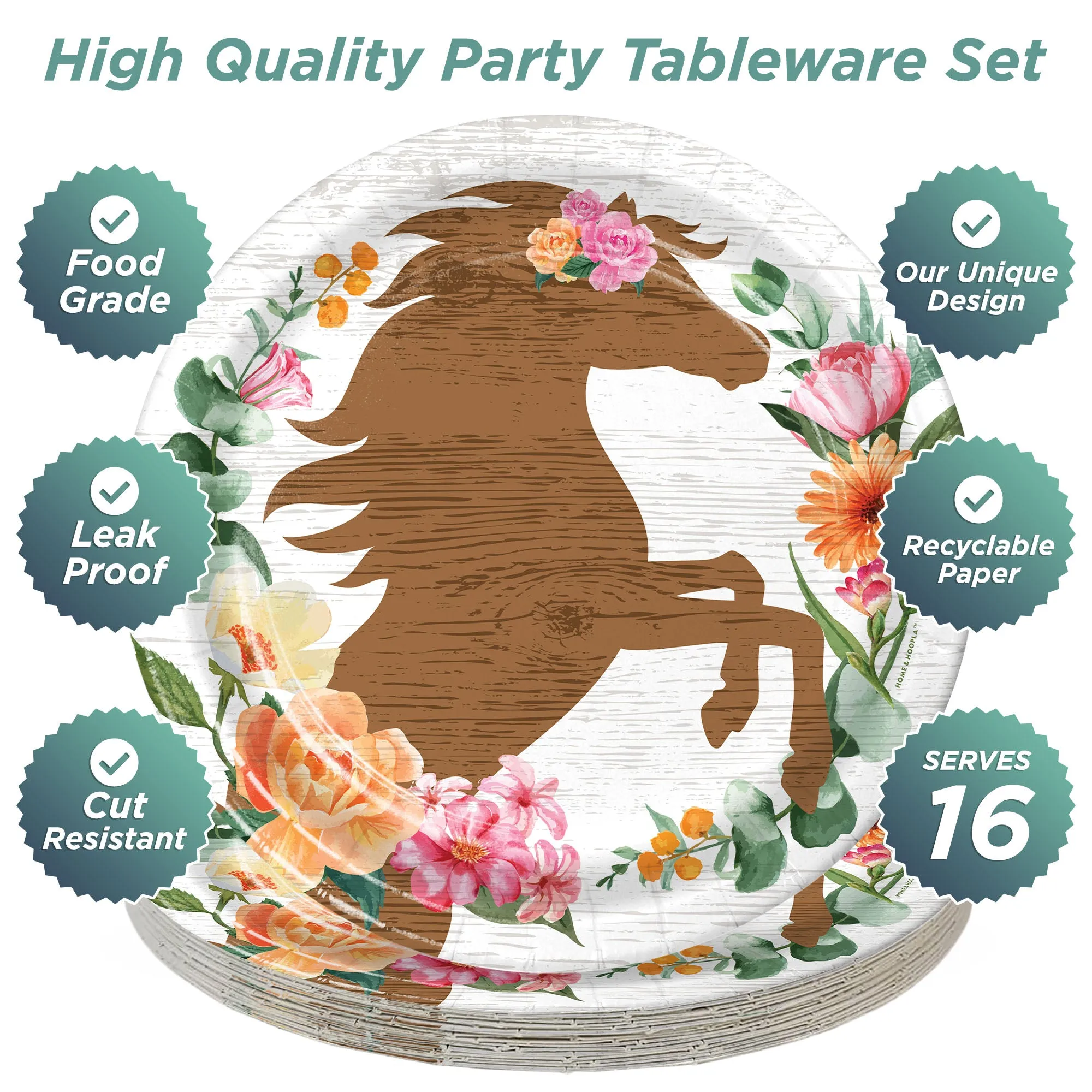 Western Girl Party Supplies - Floral Horse Round Paper Dinner Plates for 16 Guests