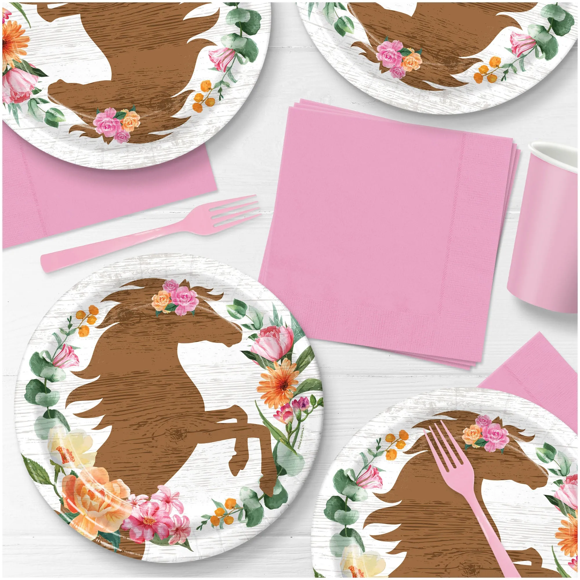 Western Girl Party Supplies - Floral Horse Round Paper Dinner Plates for 16 Guests