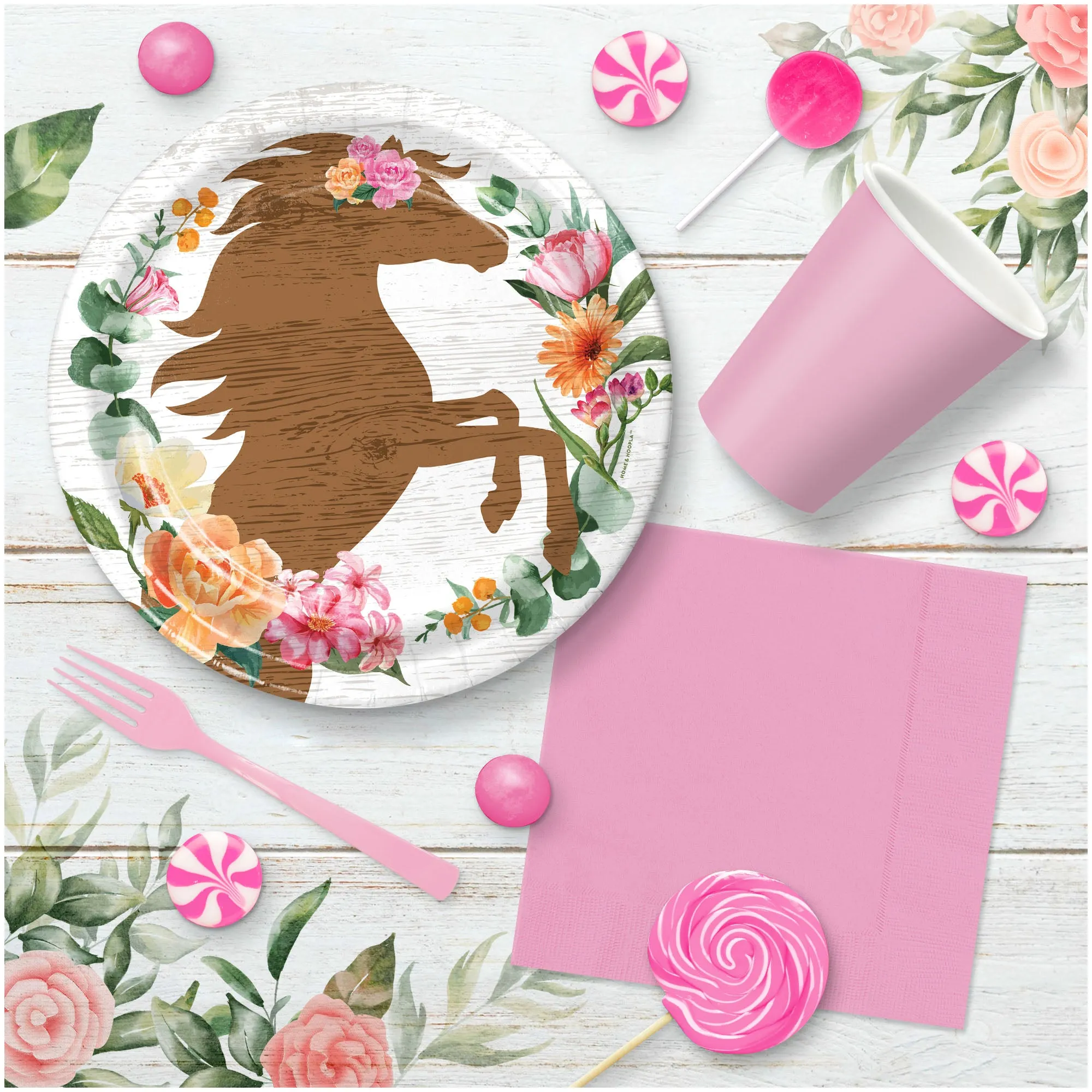 Western Girl Party Supplies - Floral Horse Round Paper Dinner Plates for 16 Guests