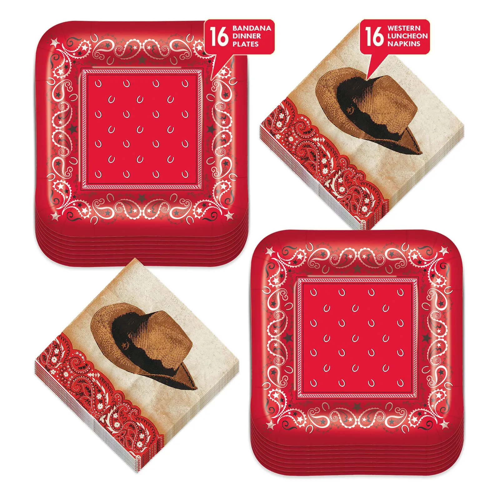 Western Party Red Bandana Paper Dinner Plates and Cowboy Napkins (Serves 16)