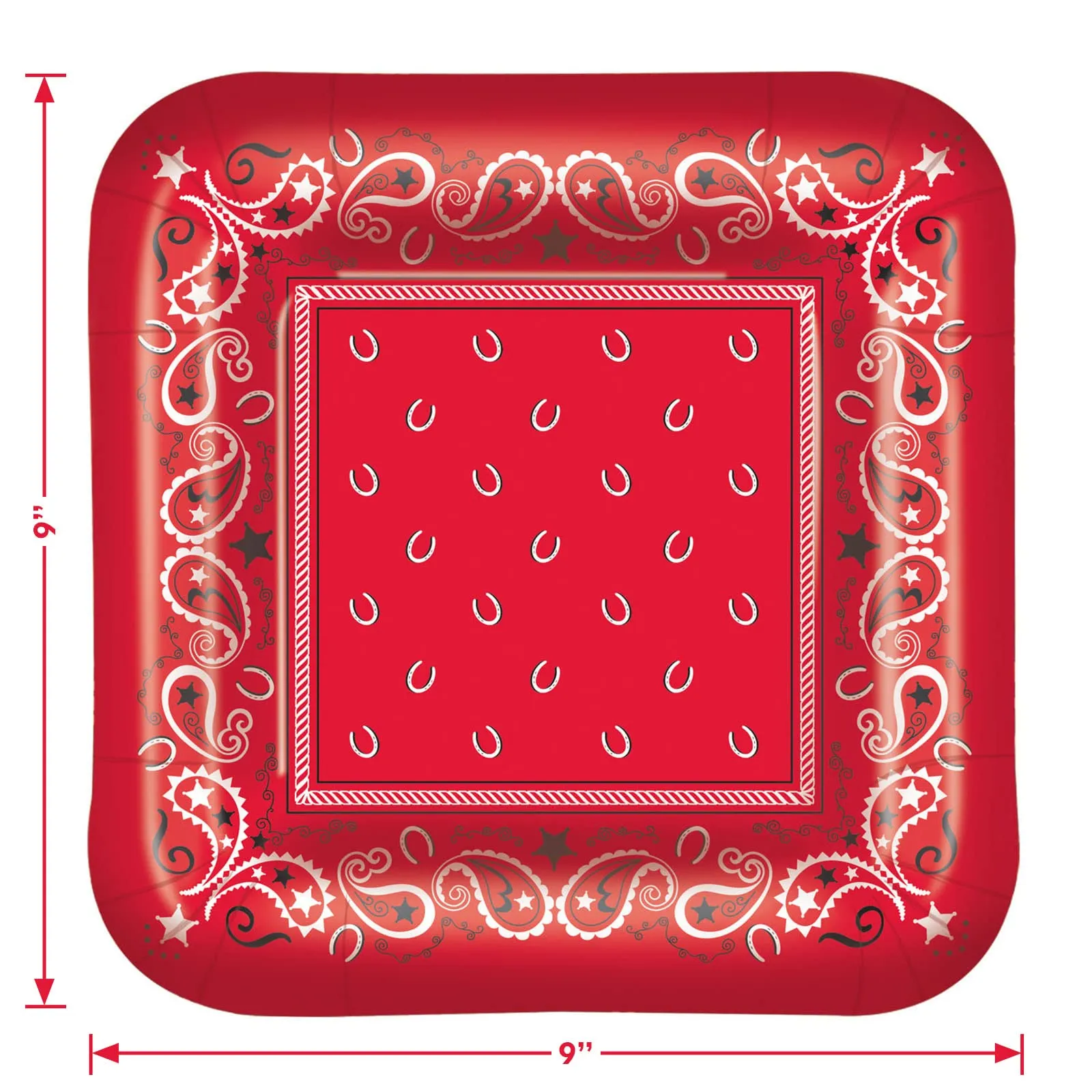 Western Party Red Bandana Paper Dinner Plates and Cowboy Napkins (Serves 16)