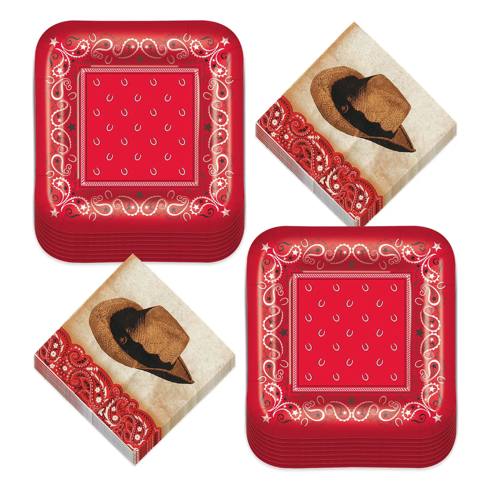 Western Party Red Bandana Paper Dinner Plates and Cowboy Napkins (Serves 16)