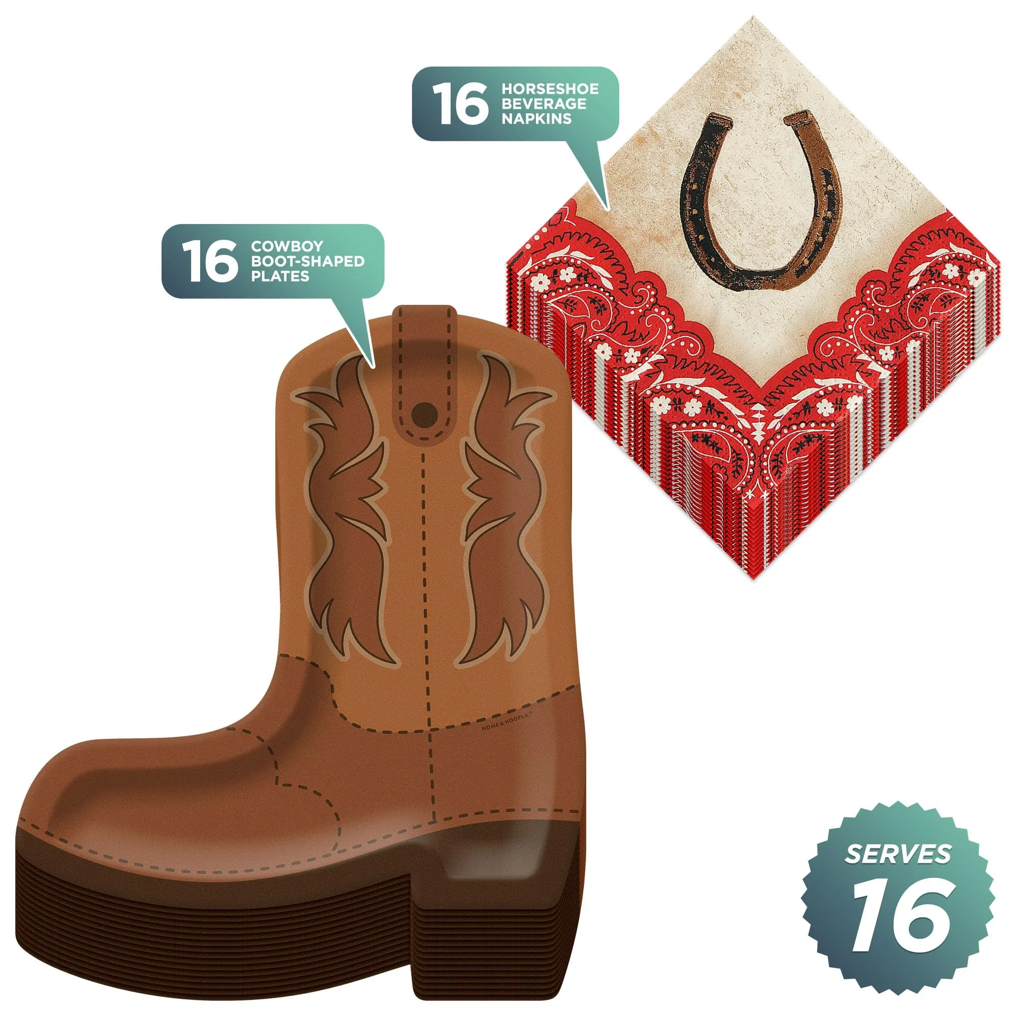 Western Party Supplies - Cowboy Boot Shaped Paper Plates and Horseshoe Napkins (Serves 16)