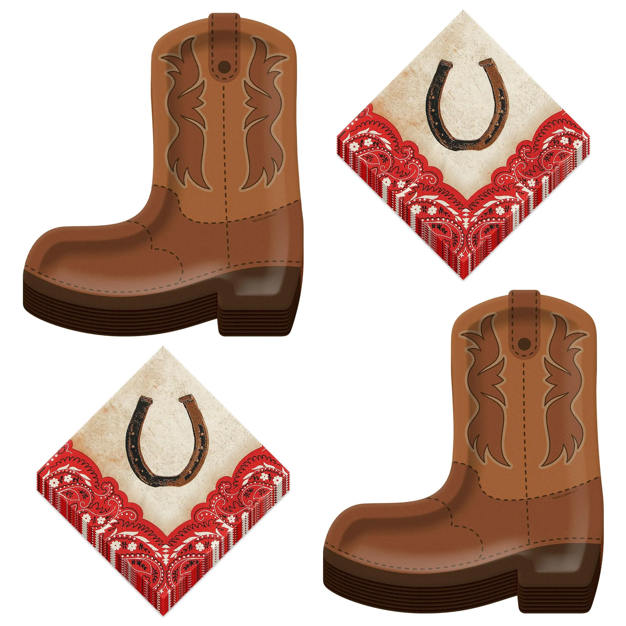 Western Party Supplies - Cowboy Boot Shaped Paper Plates and Horseshoe Napkins (Serves 16)