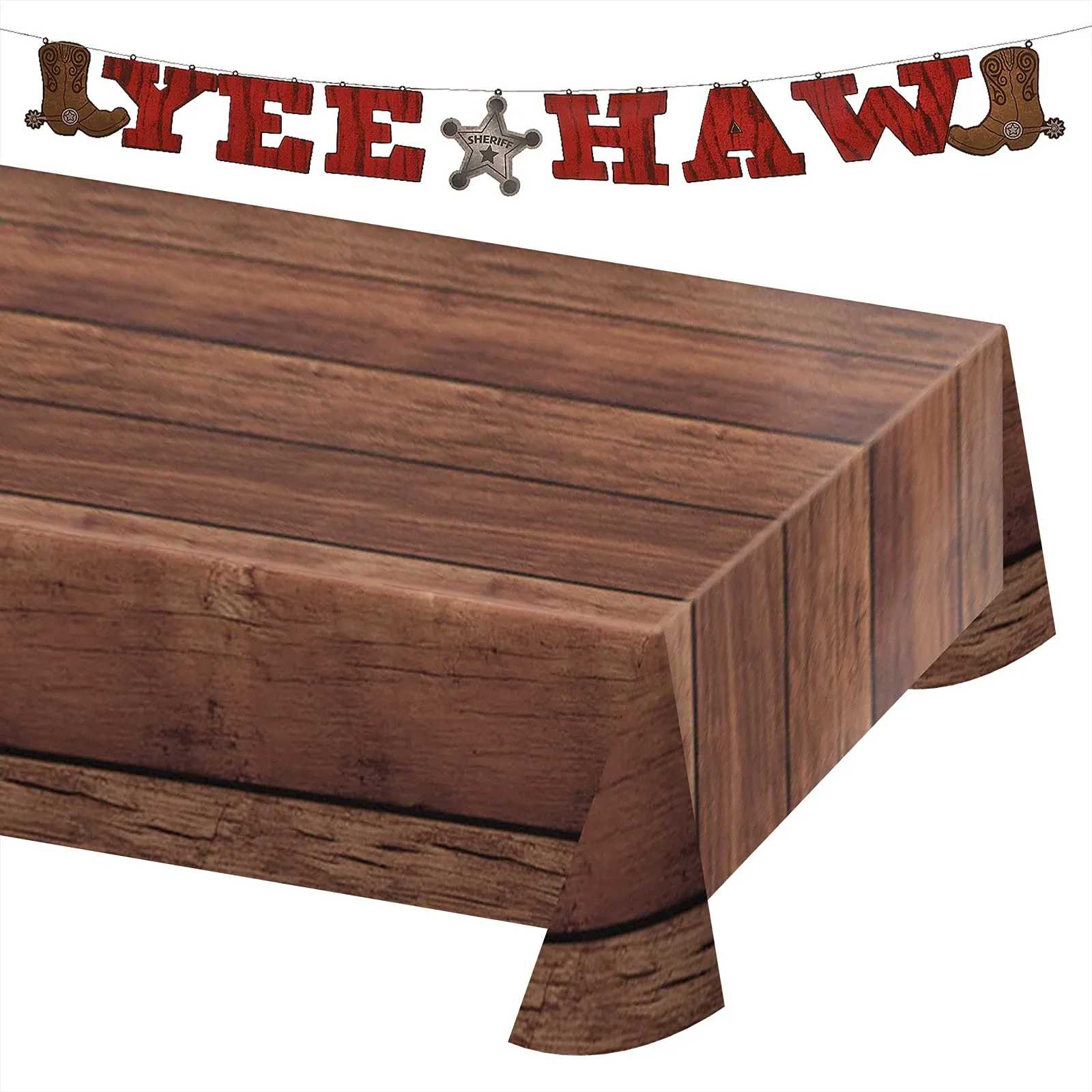 Western Party Yeehaw Cowboy Garland and Brown Wood Table Cover Set