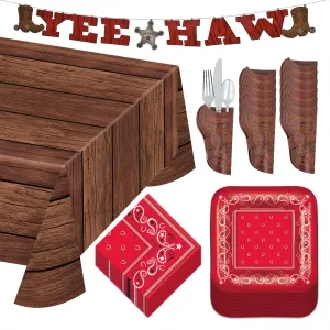 Western Wild West Party Pack - Dessert Plates, Napkins, Silverware Holsters, Table Cover, and Yeehaw Hanging Garland (Serves 12)