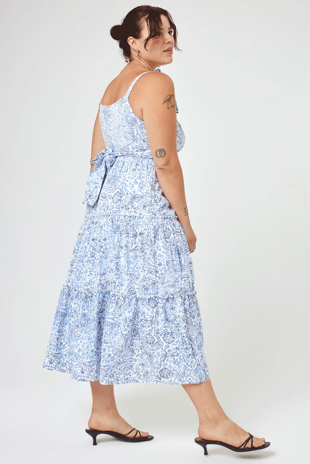 White Blue Floral Tie Shoulder Ruffle Midi Dress