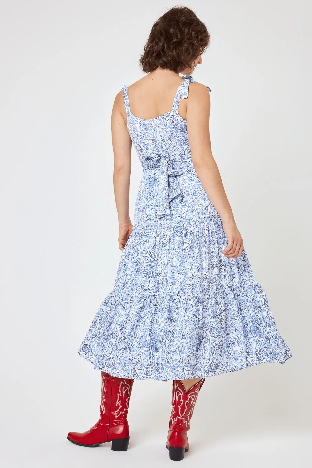 White Blue Floral Tie Shoulder Ruffle Midi Dress