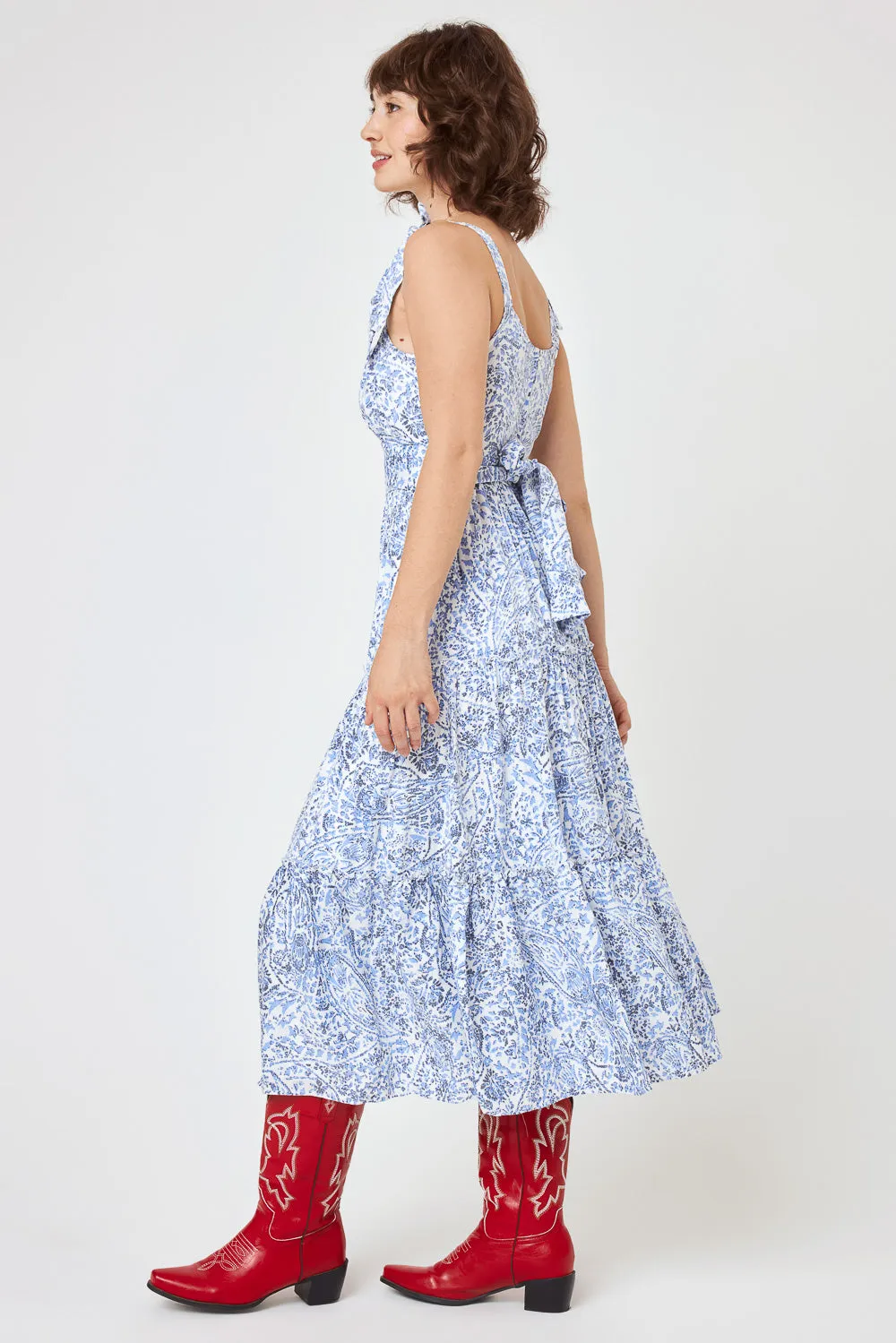 White Blue Floral Tie Shoulder Ruffle Midi Dress