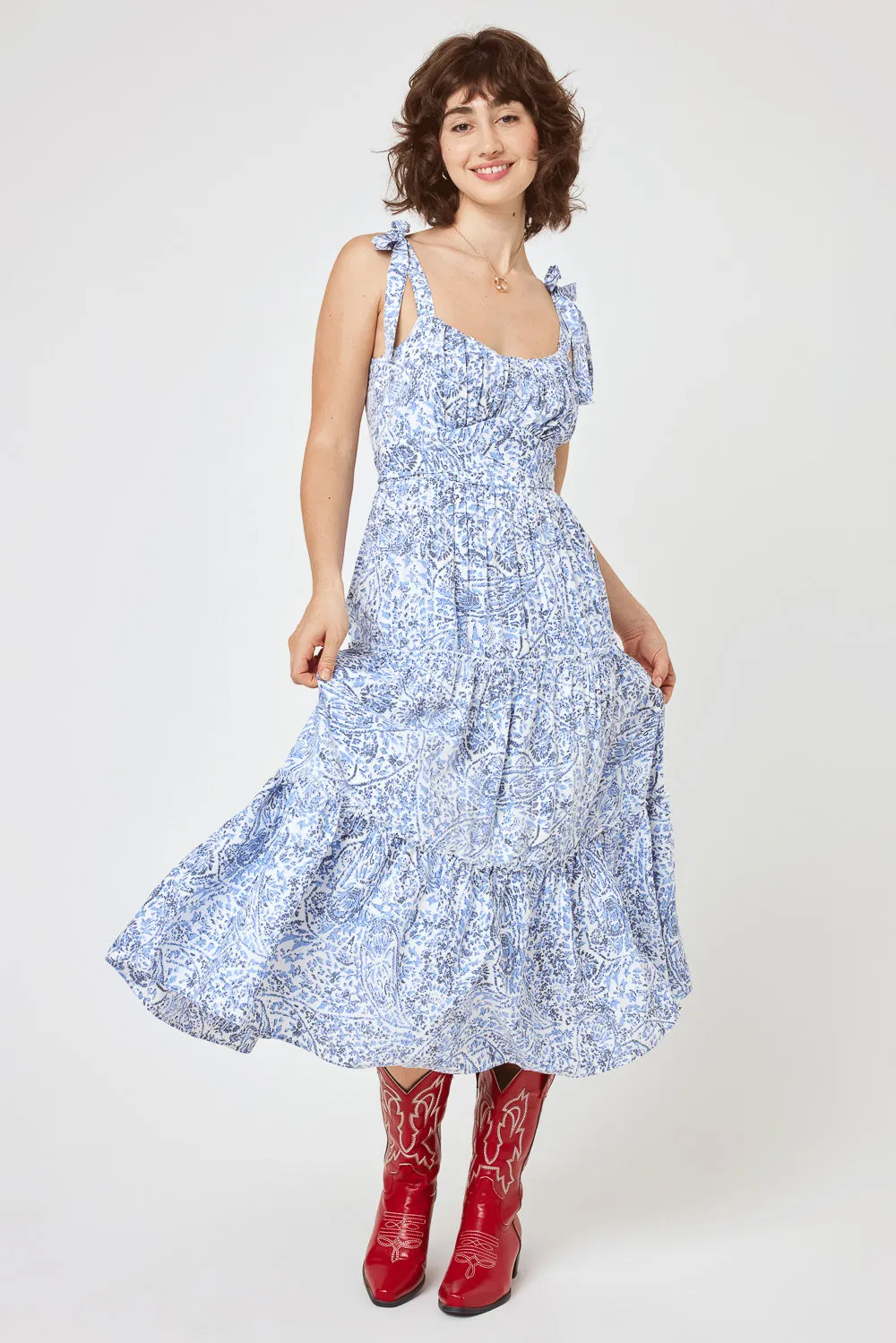 White Blue Floral Tie Shoulder Ruffle Midi Dress