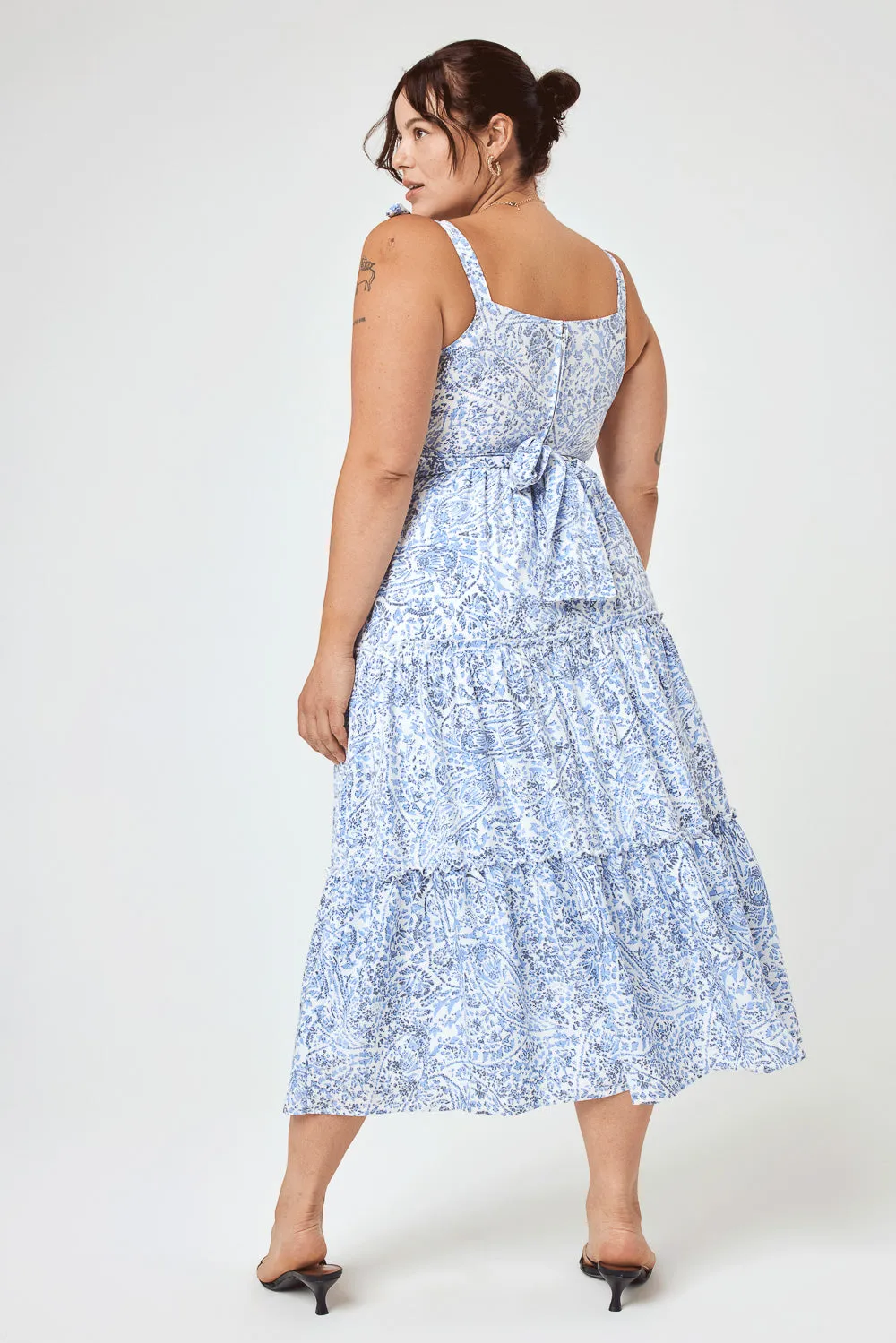 White Blue Floral Tie Shoulder Ruffle Midi Dress