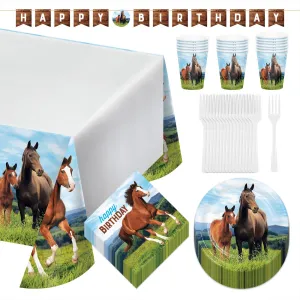 Wild Pony and Horse Birthday Party Pack - Paper Dessert Plates, Birthday Napkins, Forks, Cups, Table Cover, and Birthday Banner Set (Serves 16)