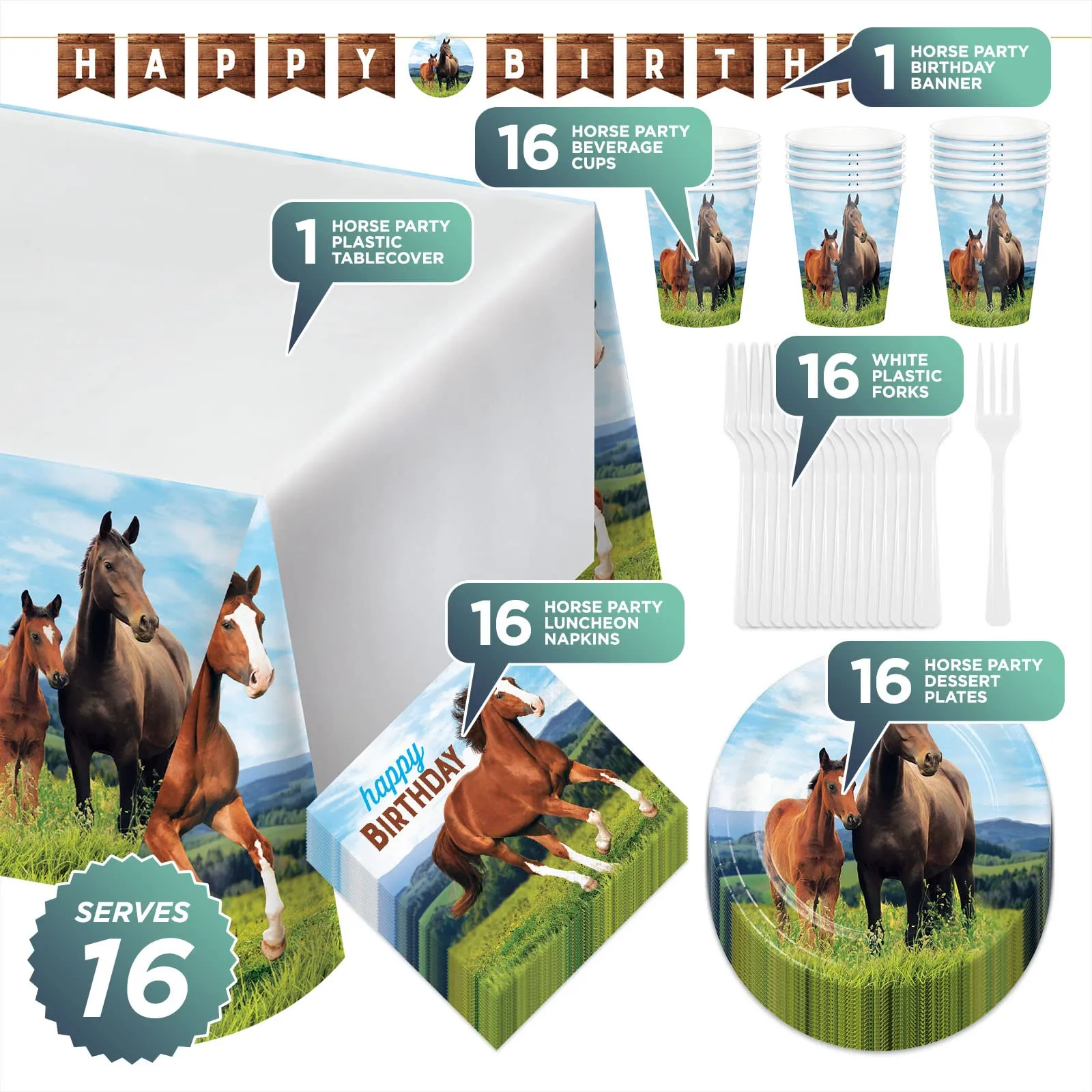 Wild Pony and Horse Birthday Party Pack - Paper Dessert Plates, Birthday Napkins, Forks, Cups, Table Cover, and Birthday Banner Set (Serves 16)