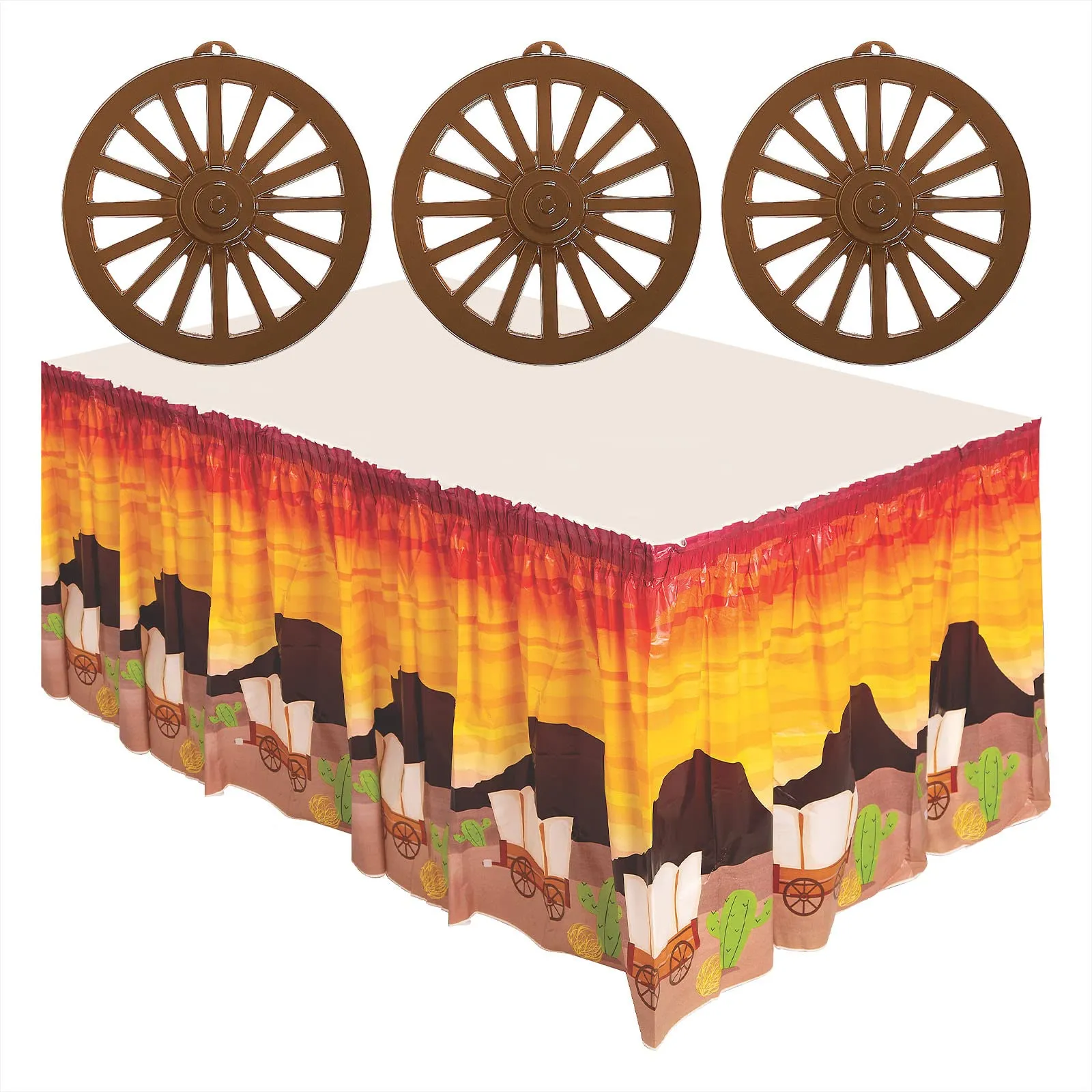 Wild Western Frontier Wagon Wheel Cutouts and Desert Sunset Table Skirt