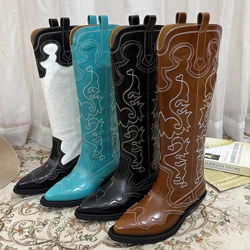 Womens Contrasting Embroidery Western Boots Knee High Leather Cowboy Boots