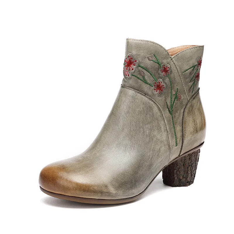 Women's Genuine Leather 40mm Heel Short Boots With Embroidery Flowers in Grey