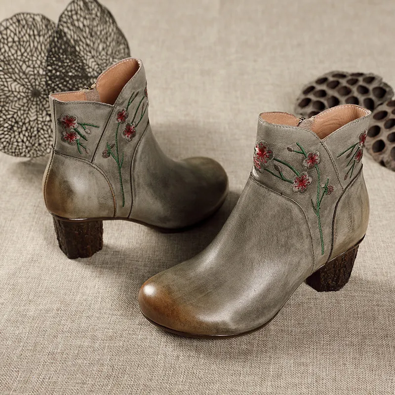 Women's Genuine Leather 40mm Heel Short Boots With Embroidery Flowers in Grey